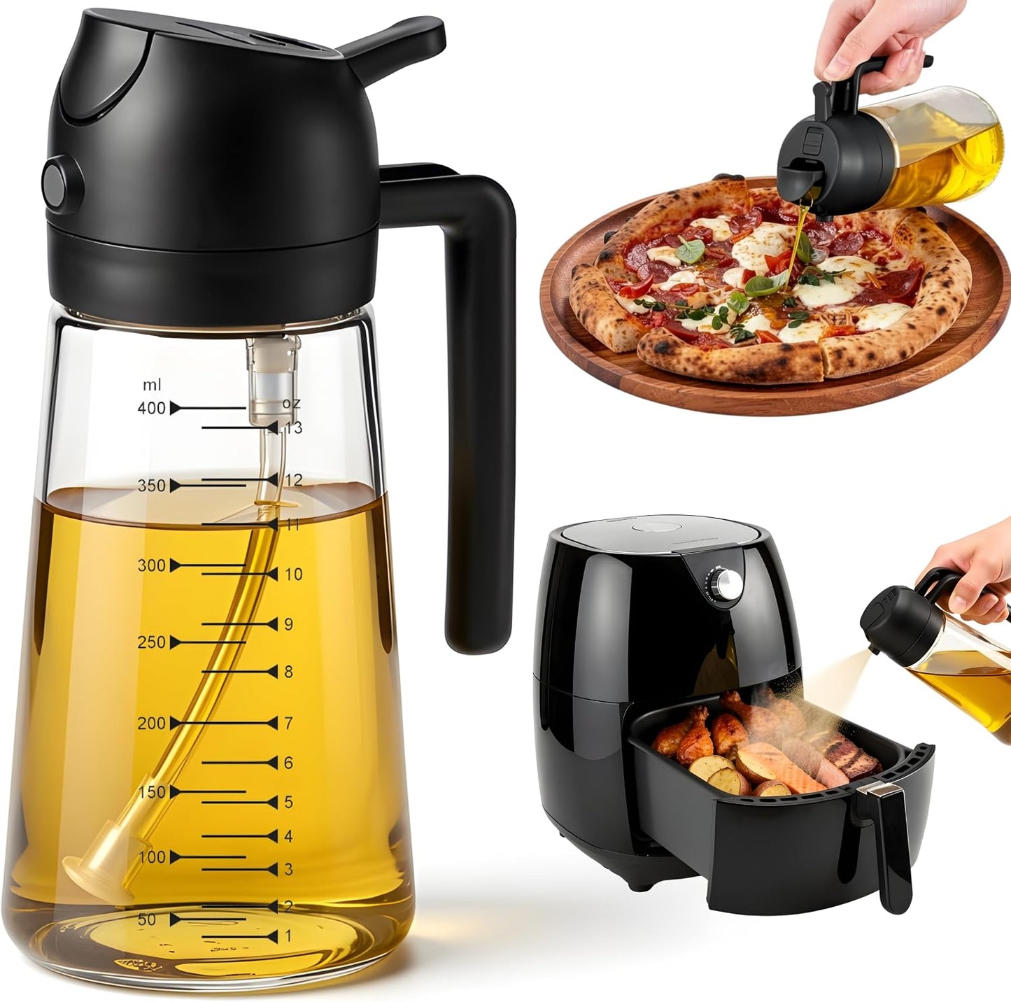 Glass Olive Oil Sprayer for Cooking 16Oz/470Ml – Transparent 2 in 1 Glass Oil Sprayer & Dispenser with Scale, Kitchen Gadgets & Air Fryer Accessories, Olive Oil Dispenser – Black