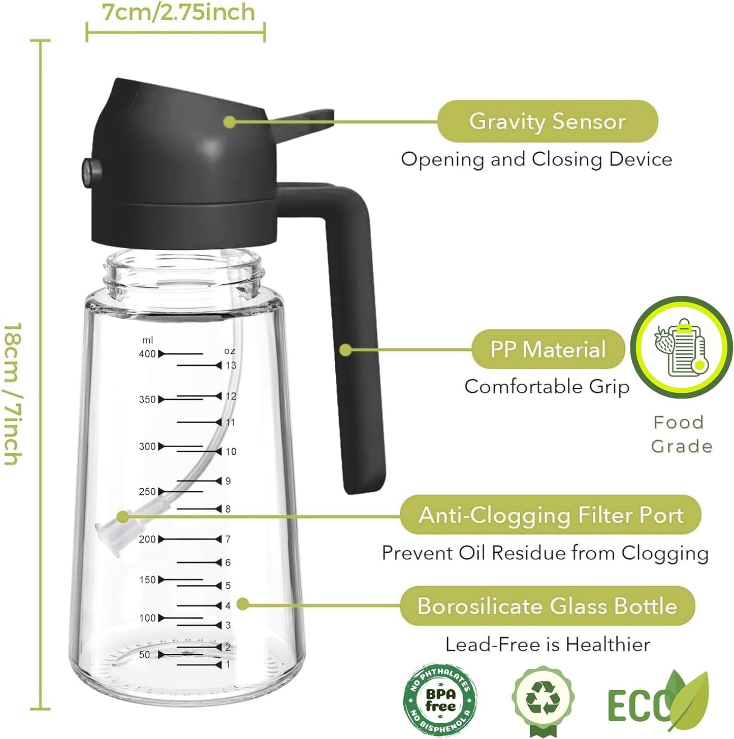 Glass Olive Oil Sprayer for Cooking 16Oz/470Ml – Transparent 2 in 1 Glass Oil Sprayer & Dispenser with Scale, Kitchen Gadgets & Air Fryer Accessories, Olive Oil Dispenser – Black