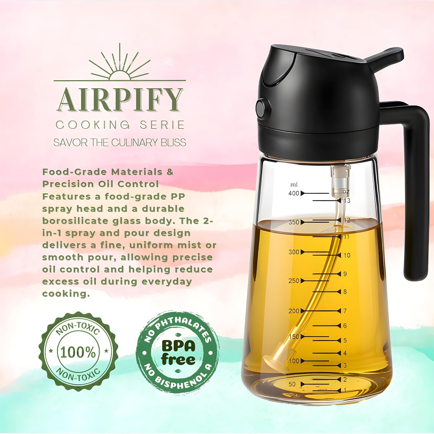 Glass Olive Oil Sprayer for Cooking 16Oz/470Ml – Transparent 2 in 1 Glass Oil Sprayer & Dispenser with Scale, Kitchen Gadgets & Air Fryer Accessories, Olive Oil Dispenser – Black