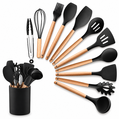 Kitchen Silicone Cooking Utensils, 12 Pc Kitchen Utensil Set, Wooden Kitchen Utensils, Kitchen Gadgets and Spatula Set