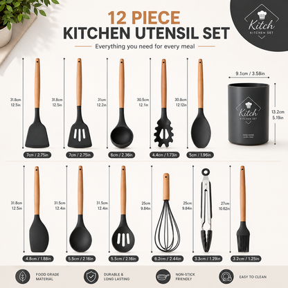 Kitchen Silicone Cooking Utensils, 12 Pc Kitchen Utensil Set, Wooden Kitchen Utensils, Kitchen Gadgets and Spatula Set