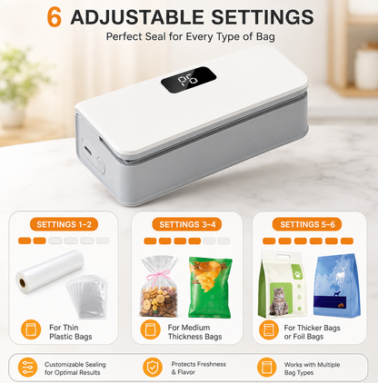Mini Bag Sealer, 6 Gear Adjustable Bag Sealer for Plastic Bags | Rechargeable Sealer Machine with LED Power Display, Portable Heat Sealer and Cutter, Bag Resealer for Chips Snacks Mylar