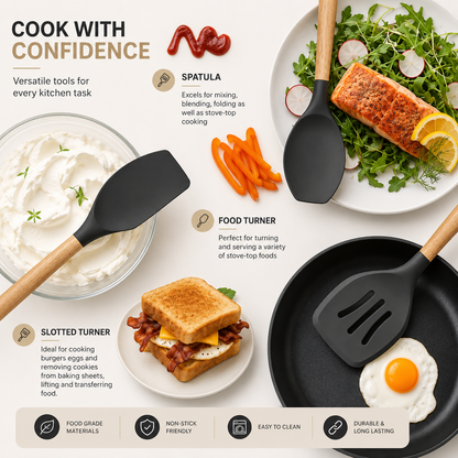 Kitchen Silicone Cooking Utensils, 12 Pc Kitchen Utensil Set, Wooden Kitchen Utensils, Kitchen Gadgets and Spatula Set