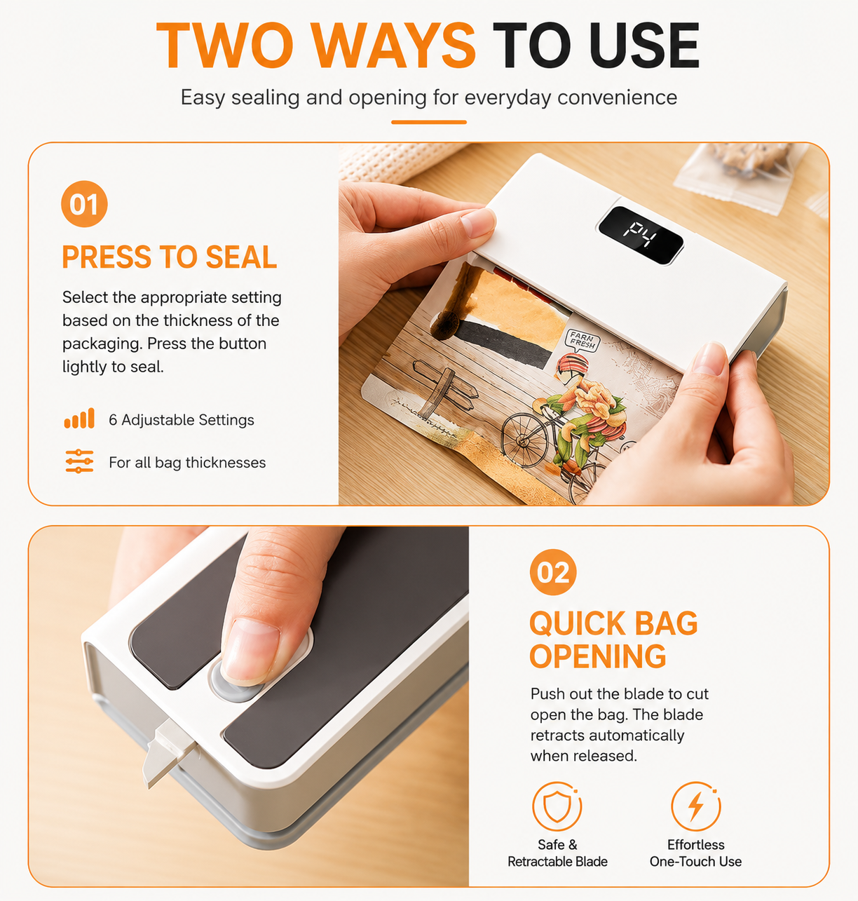 Mini Bag Sealer, 6 Gear Adjustable Bag Sealer for Plastic Bags | Rechargeable Sealer Machine with LED Power Display, Portable Heat Sealer and Cutter, Bag Resealer for Chips Snacks Mylar