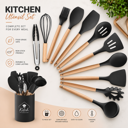 Kitchen Silicone Cooking Utensils, 12 Pc Kitchen Utensil Set, Wooden Kitchen Utensils, Kitchen Gadgets and Spatula Set