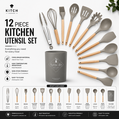 Kitchen Silicone Cooking Utensils, 12 Pc Kitchen Utensil Set, Wooden Kitchen Utensils, Kitchen Gadgets and Spatula Set