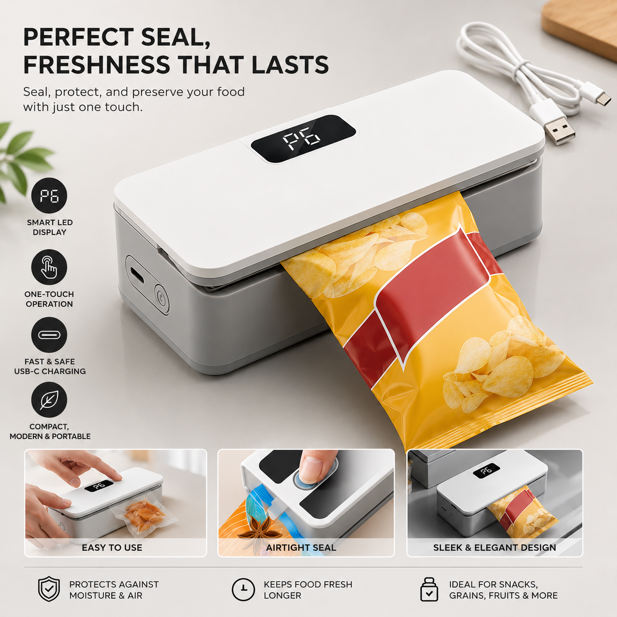 Mini Bag Sealer, 6 Gear Adjustable Bag Sealer for Plastic Bags | Rechargeable Sealer Machine with LED Power Display, Portable Heat Sealer and Cutter, Bag Resealer for Chips Snacks Mylar