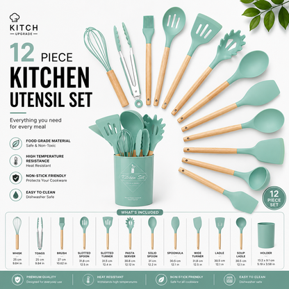 Kitchen Silicone Cooking Utensils, 12 Pc Kitchen Utensil Set, Wooden Kitchen Utensils, Kitchen Gadgets and Spatula Set