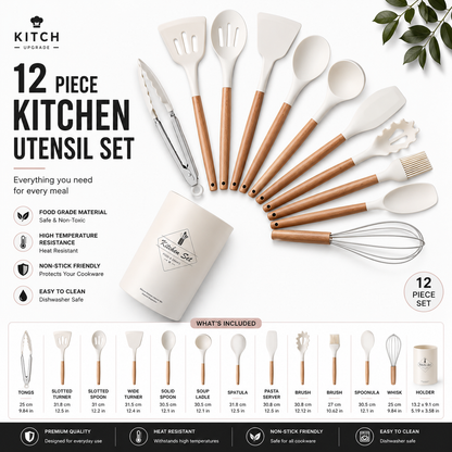 Kitchen Silicone Cooking Utensils, 12 Pc Kitchen Utensil Set, Wooden Kitchen Utensils, Kitchen Gadgets and Spatula Set
