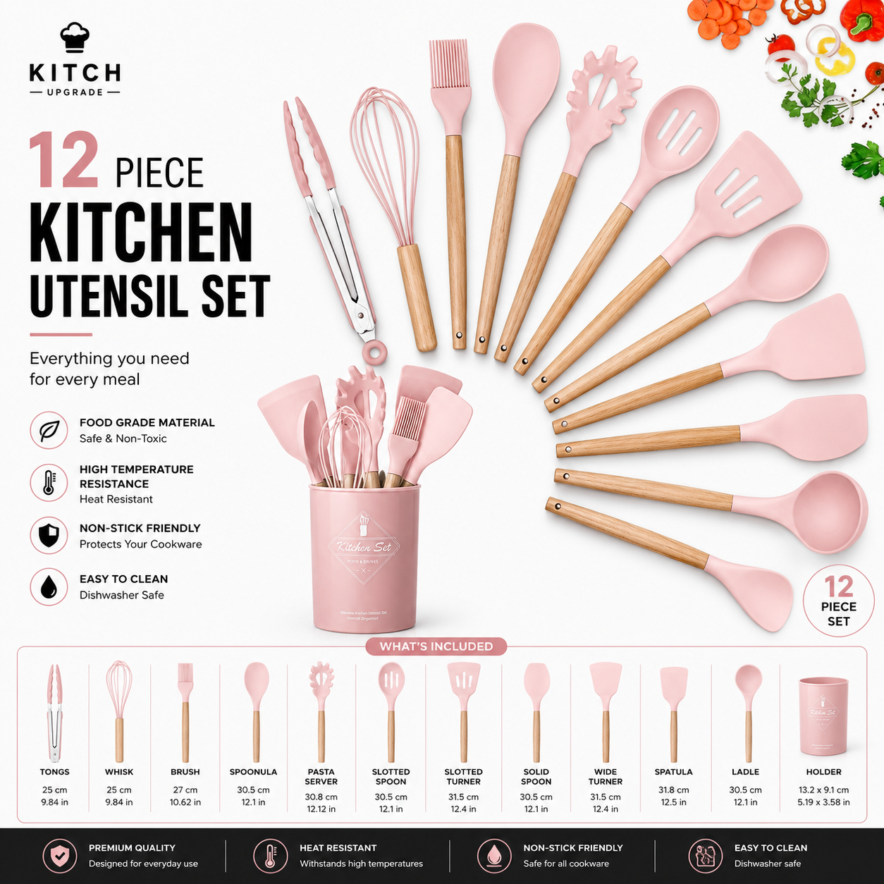 Kitchen Silicone Cooking Utensils, 12 Pc Kitchen Utensil Set, Wooden Kitchen Utensils, Kitchen Gadgets and Spatula Set